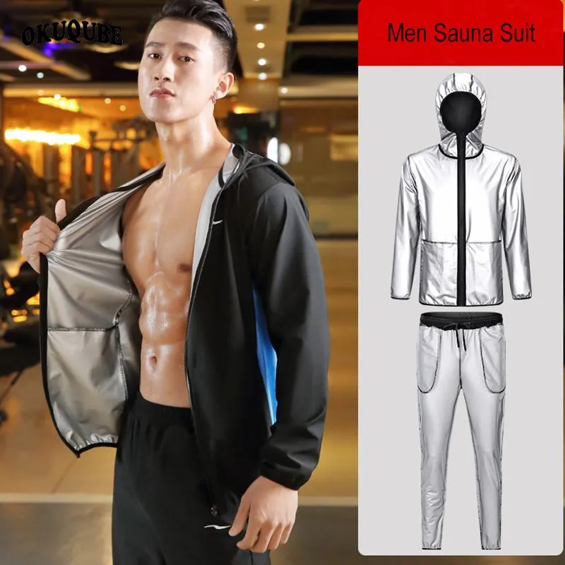 Men Sauna Suit Heavy Duty Weight Lost Fitness Clothing Black Gray Running Jogging Training Body Building Gym Sportswear M-4XL Sets