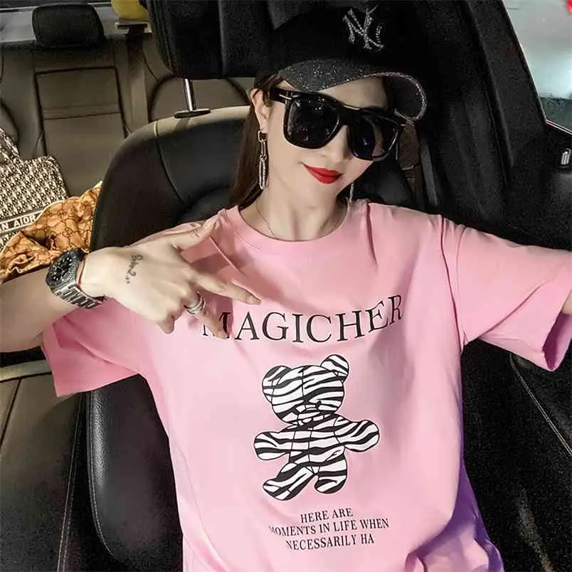 T-shirt da donna Tops Moda estiva coreana Lettera femminile Cartoou T-shirt a maniche corte tutti i vestiti del negozio al neon 210507