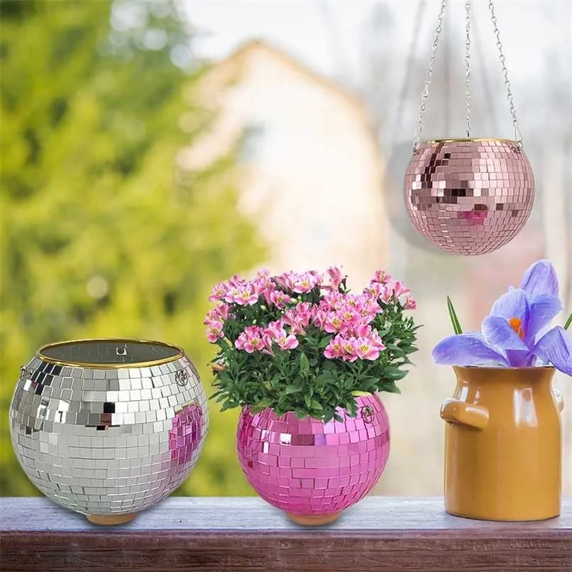 Retro Disco Ball Planter Basket Round Mirror Hanging Pot flower pot Wall Hangin Vase Desktop Decoration Balcony 211130