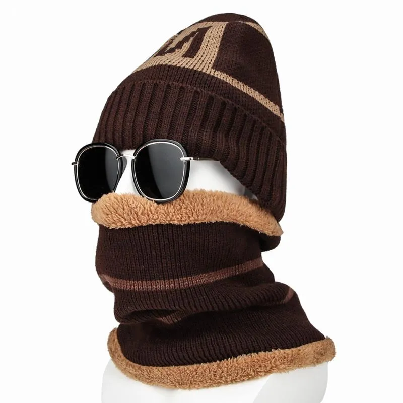 Hats, Scarves & Gloves Sets 2pcs Warm Fleece Letter Knitted Caps Set Men Winter Hats Scarf Ring Male Outdoor Ski Snow Cycling Accessories