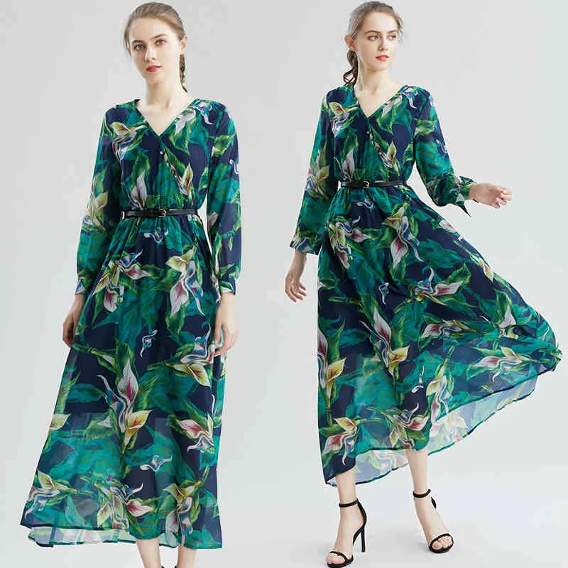 Взлетно-посадочная полоса осень каникула женщины элегантный длинный рукав V-образным вырезом зеленый цветок печать богемное пляжное шифоновое платье с поясом 210416