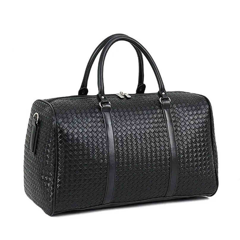 Fashion PU Leather Woven Pattern Travel Bag Large Capacity Men Women Shoulder s Business Luggage Duffle 211118