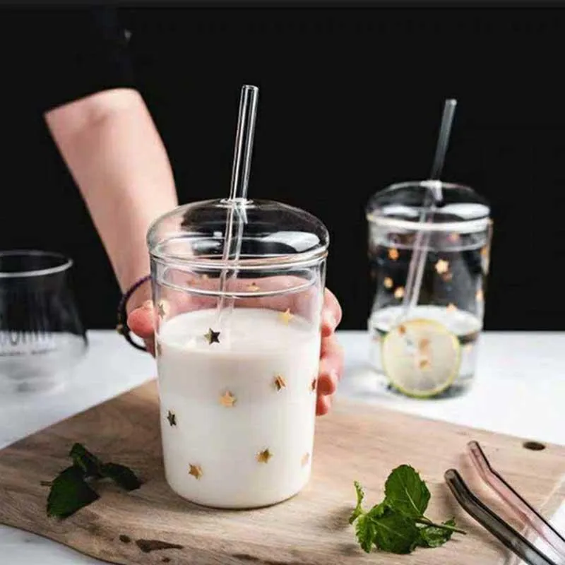 Mugs 460ml Heat Resistant Glass Cup Transparent Coffee Mug With Lid&Straw Home Milk Juice Flower Tea Travel Drinking