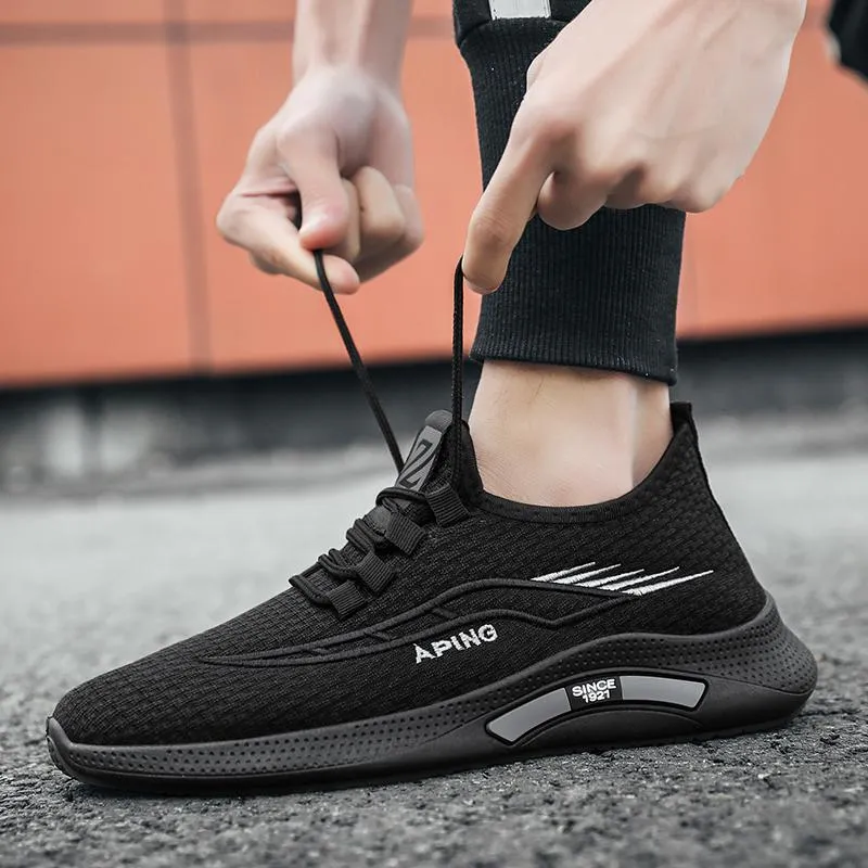 High Quality Flying woven men's breathable mesh running shoes black white red comfortable soft sole sneakers trainers