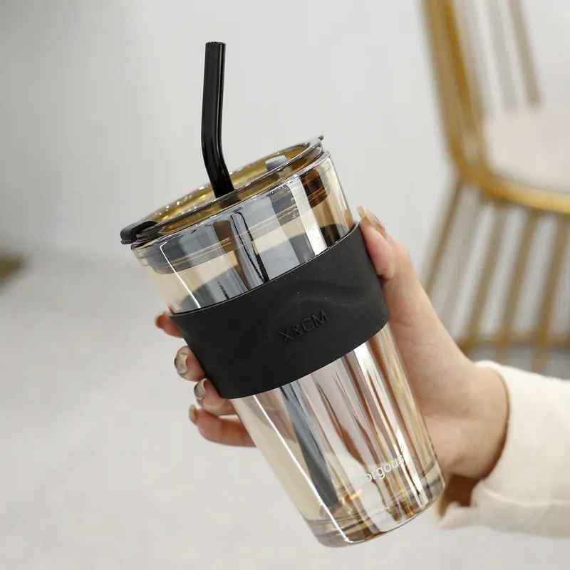 450mlのコーヒーガラスカップの耐熱汚れのマグワイングラスの携帯用密封水のボタンとわら牛乳茶旅行ギフト220311