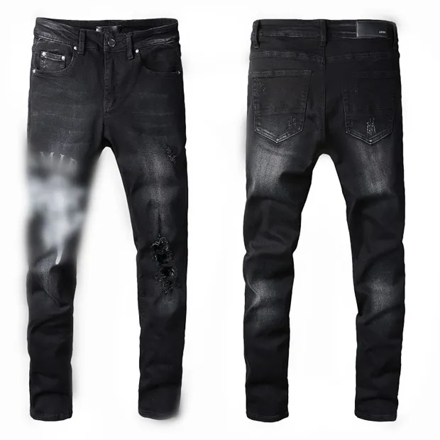 Luxurys Designer Mens Jeans French Style Fashion Black Slim-leg High Quality Skinny Spliced Ripped Pants Street Biker Denim US Size 28-40