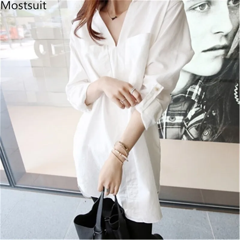 İlkbahar Sonbahar Beyaz Uzun Pamuk Tops Kadınlar BF Gevşek Bluz Gömlek Artı Boyutu Batwing Kollu Cepler S-5XL Blusas Streetwear 210513