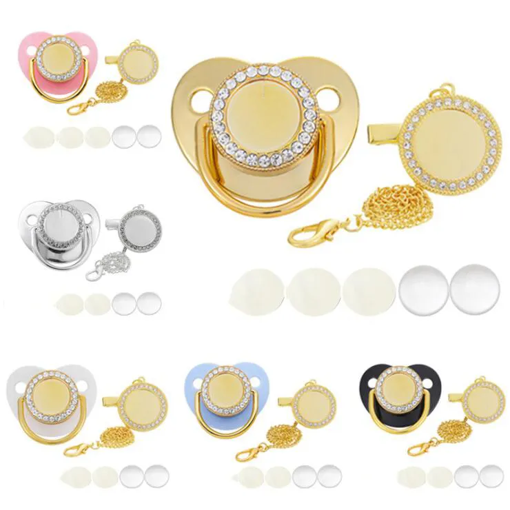 Sublimation Pacifier Gold Blank Diamond Play Mouth Favor Bling Baby Pacifiers with Chain Heat Transfer Silicone Nipple