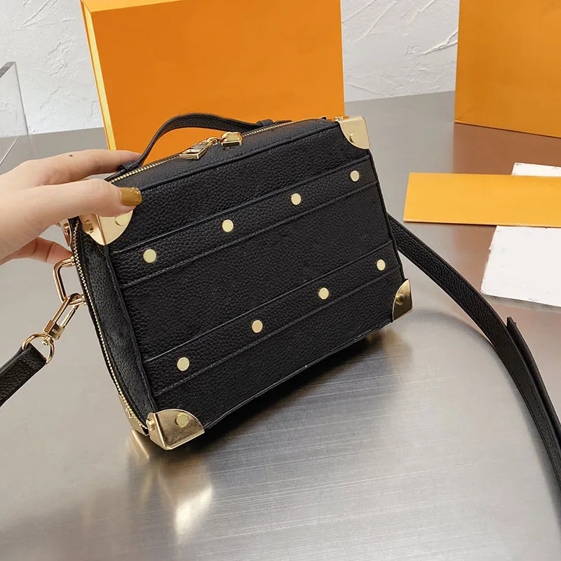 Handle Trunk Bag Handbag Purse Tote Travel Luggage Box Crossbody Bags Genuine Leather Classic Letter Golden Metal Corners Rivets Removable Adjustable Strap