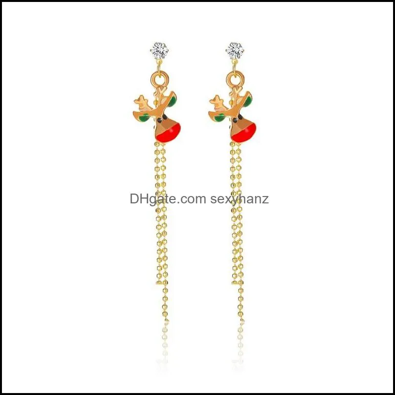 European Long Tassel Dangle Earrings For Christmas Gift Tree Circle Elk Ear Drop With Diamond Beads Women Gold Earring Ornaments