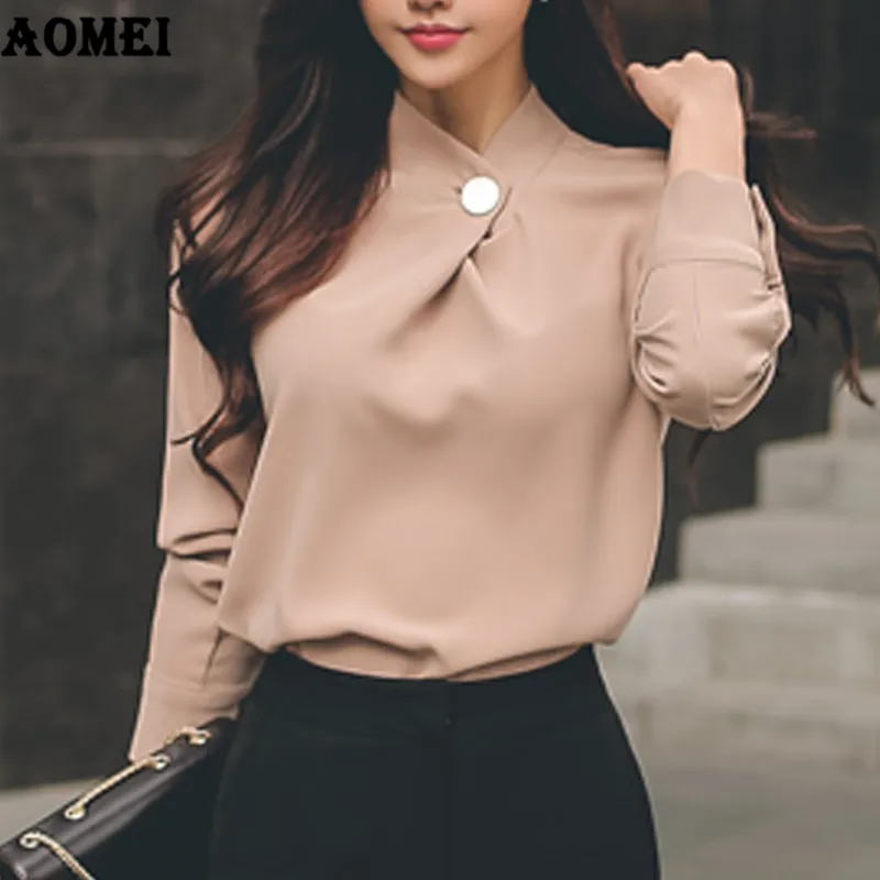 Kantoor dames tops shirt bescheiden blouses meisje werkkleurige elegante lange mouwen kruisen nek vrouwelijke vrouwen casual val fashion 210416