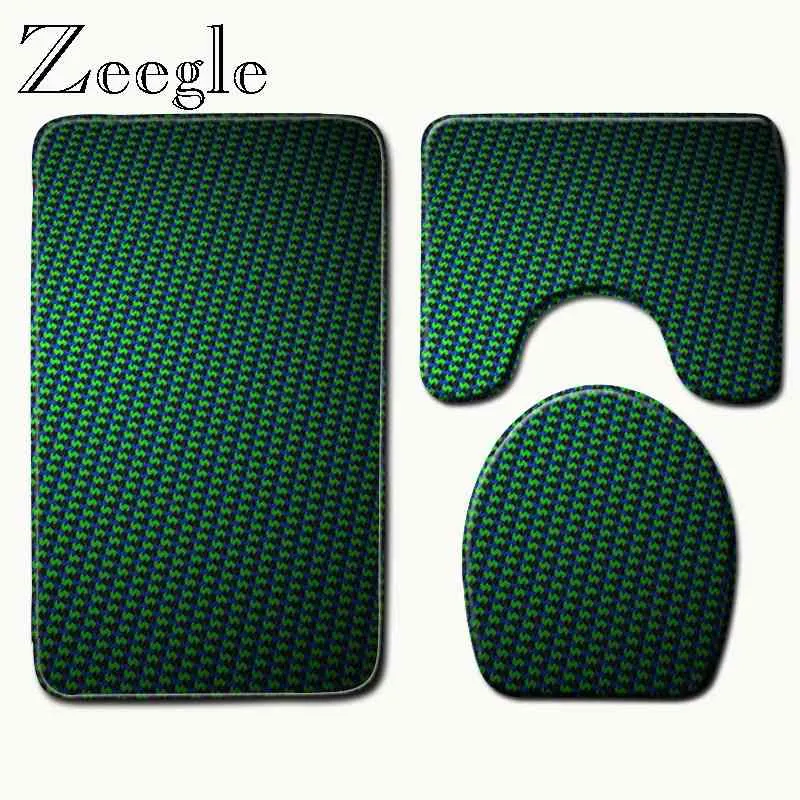 Zeegle 3pcs Mat Set for Bathroom Geometric Pattern Toilet Rug Non-slip Shower Mat Pedestal Rug Toilet Seat Cover U shaped Rug