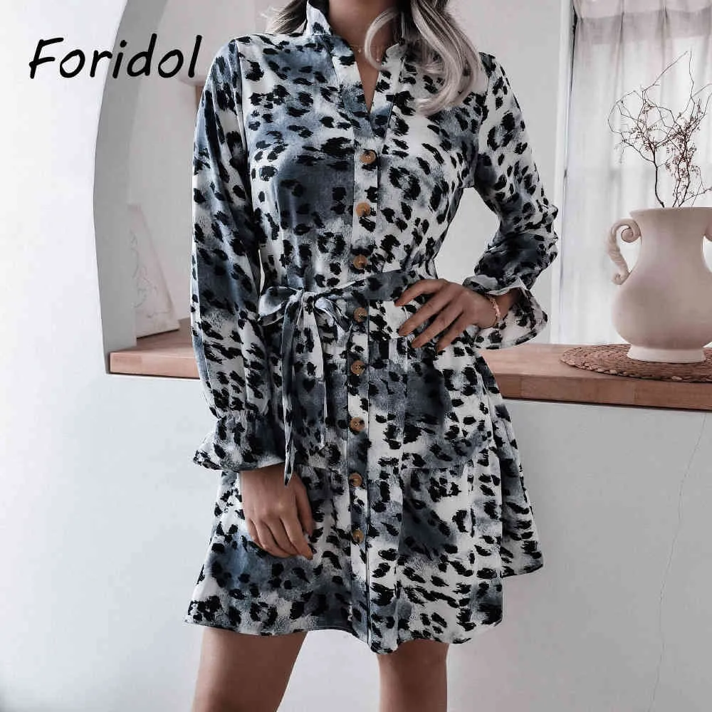 Foridol Leopard Imprimir Casual Manga Longa Primavera Vestido Curto Mulheres Botão Pescoço Up Grey Sash Elegante Vestido Vestidos 210415