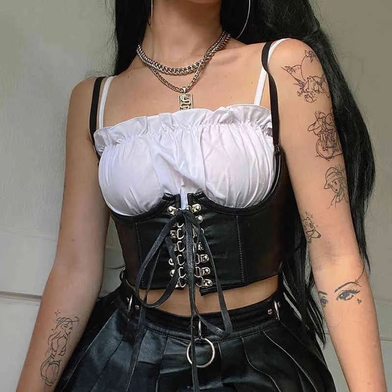 Streetwear Gothic Black PU Faux Leather Crop Top Women With Thin Strap New Summer Cross Lace Up Punk Tank Corset Outfits 210415
