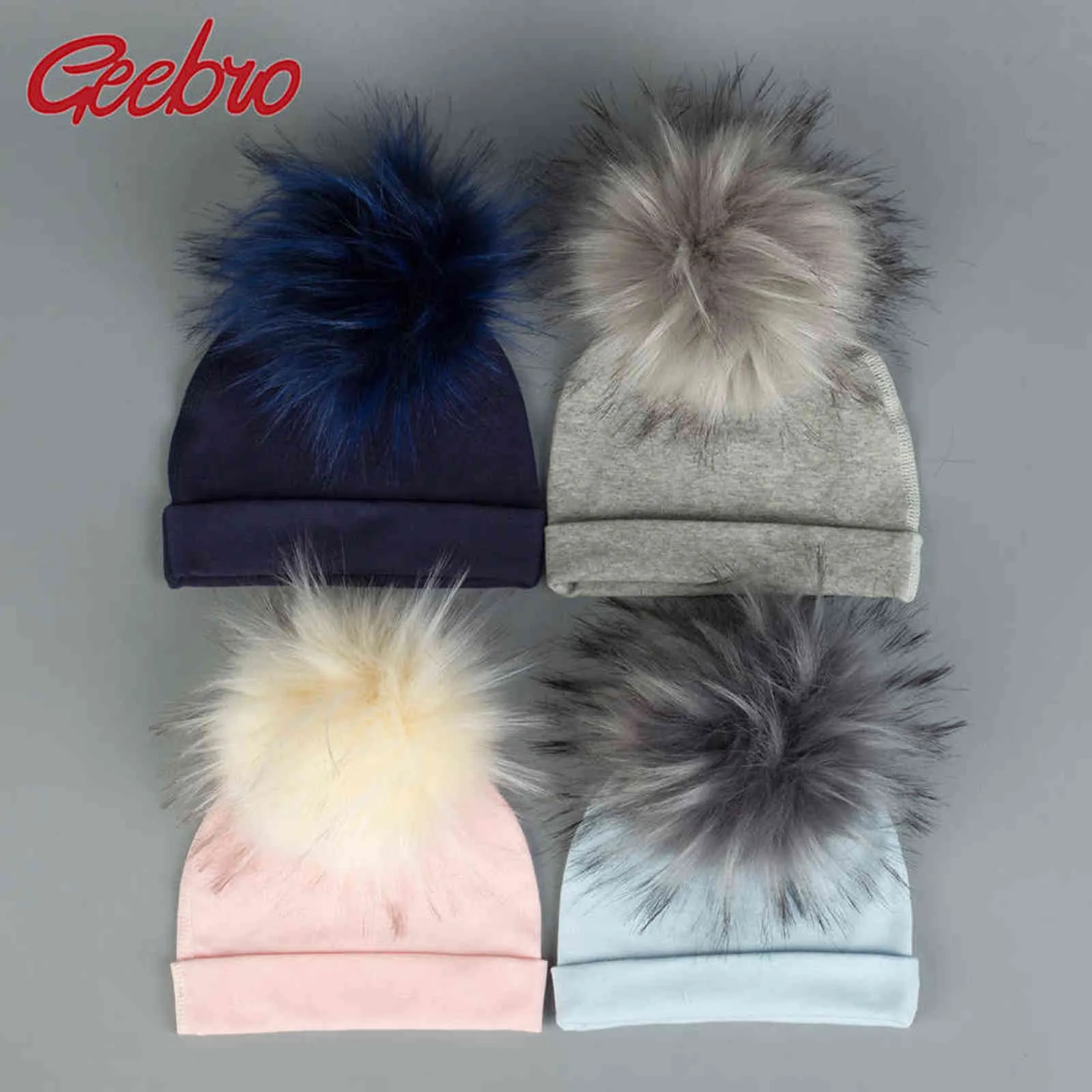 Geebro Newborn Baby Girls Boys Winter Warm Hats With Fake Pom Fur Balls Flanging Beanies For Toddler Kids Cotton Caps Hat Y21111