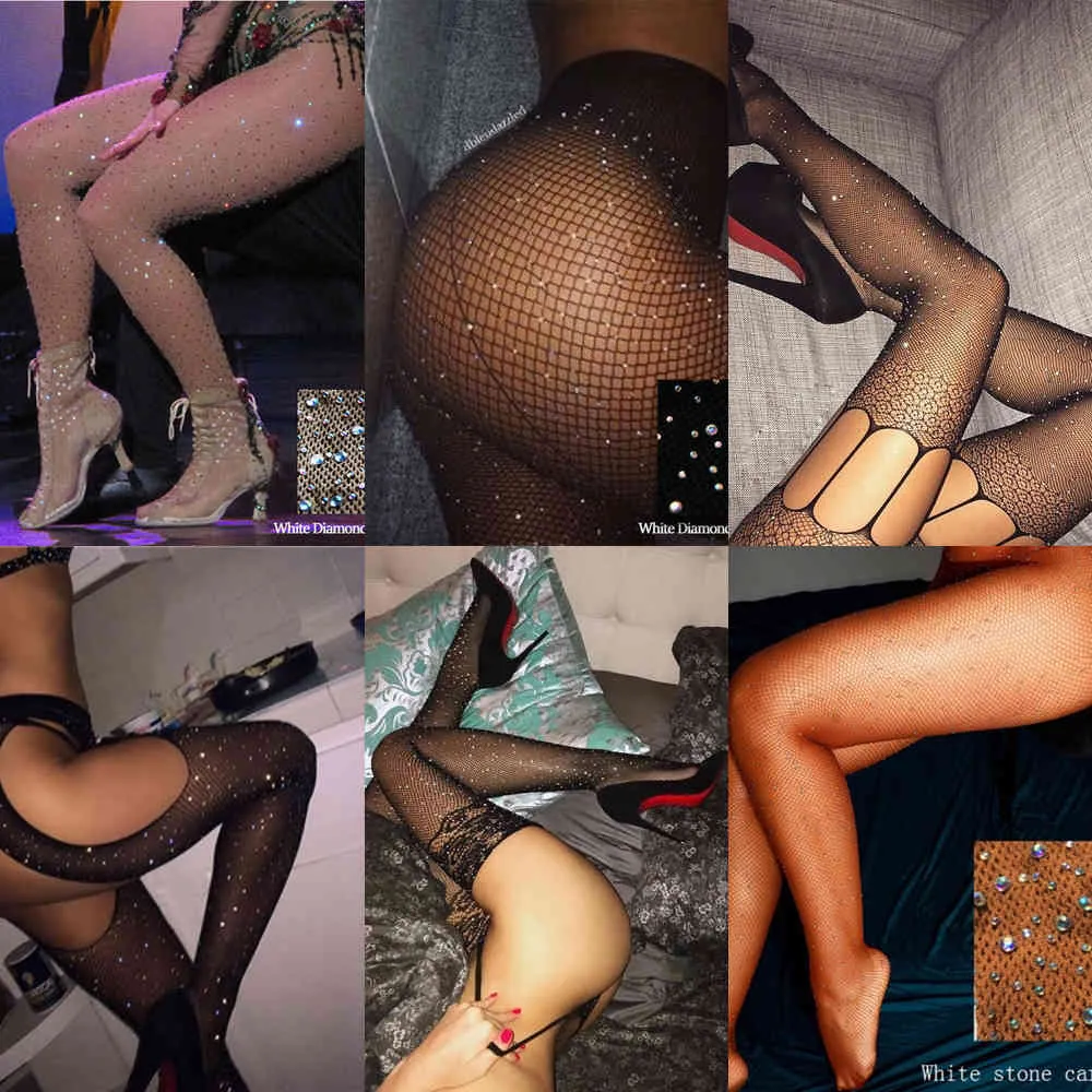 Sexy Rhinestone Mesh Fishnet Pantyhose Women Bling Tights Slim Pantyhose In A Grid Stockings Plus Size Party Club Hosiery SW071 X0521