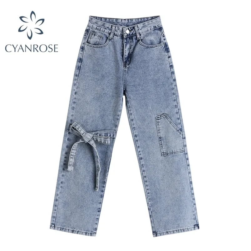 Zomer Vintage Jeans Vrouw Hoge Taille Baggy Bownot Design Losse Casual Streetwear Mode Harajuku Denim Wide Pent Broek 210515