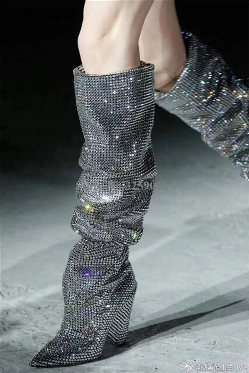 Stiefel 2021 Test Frauen zeigten Zehen über Knie -Strass -Spike -Ferse Bling Crystal Long High Dress Schuhe