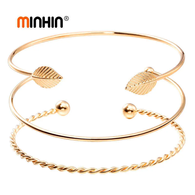 Minhin Mode Bracelet de manchette à feuilles ouvertes Bracelets pour femmes Simple Bracelet de poignet de couleur or Dames Charma Bracelet 3pcs / set Cadeau Q0719
