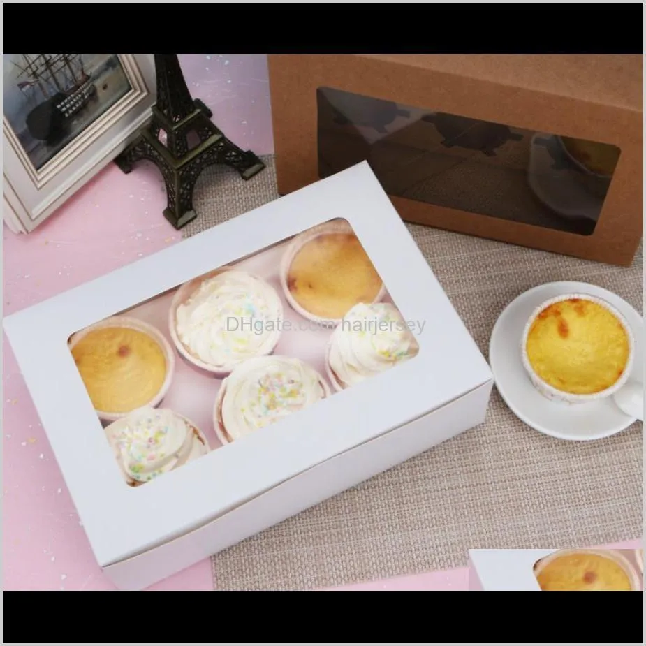 2020 windowed cupcake boxes white brown kraft paper box gift packaging for wedding festival party 6 cup cake holders customized 