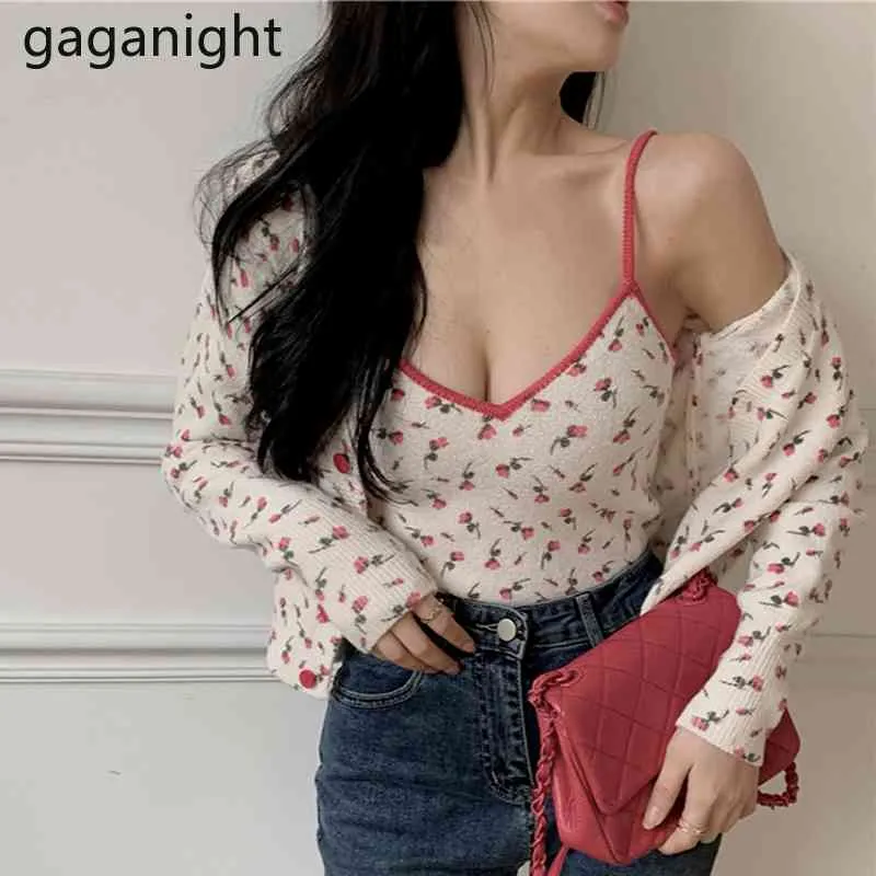 Gaganight fasion 2 stuk set vrouwen bloemenprint lange mouw korte gebreide vest en sexy v-hals camis pak knitwear outfits 210519