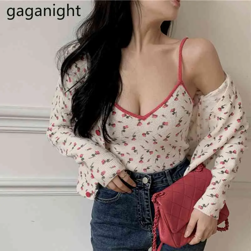 Gaganight Fasion 2-teiliges Set für Damen, Blumendruck, lange Ärmel, kurze Strickjacke und sexy Camis mit V-Ausschnitt, Anzug, Strickwaren, Outfits 210519