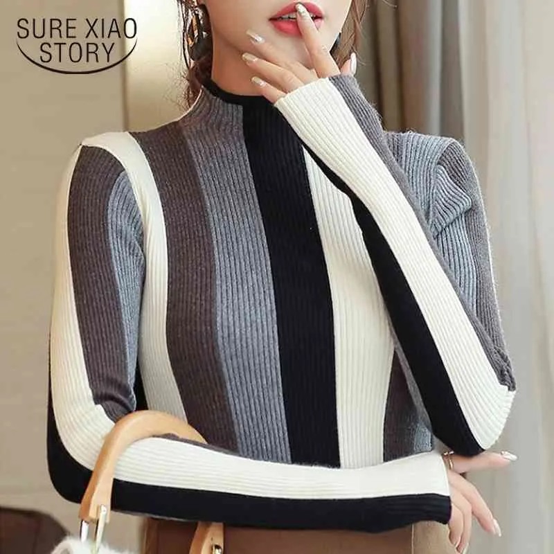 Moda manica lunga pullover donna maglione autunno maglia dolcevita panno a righe lavorato a maglia 1327 80 210521