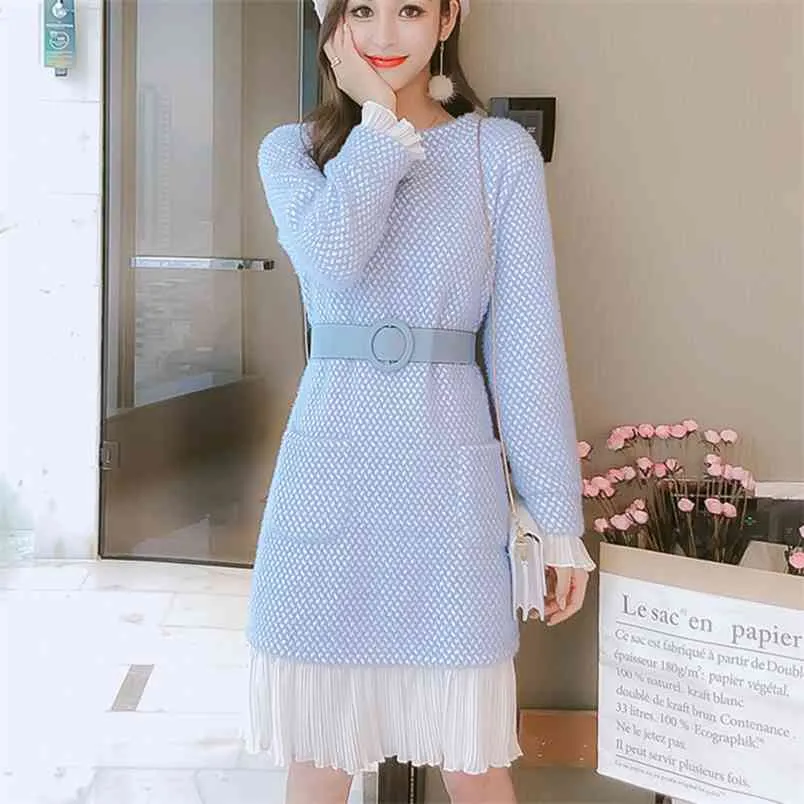 Herbst Winter Weihnachten Frau Kleid Koreanische Gefälschte Zwei Stück Patchwork Mode Lässig Übergroßen Kleider Mit Schärpen Vestidos Robe 210514