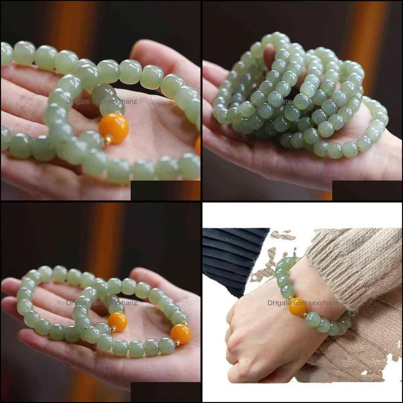 Natural Hotan jade bracelet clear water old beads with honey wax transfer beads men`s and women`s fashion  single ring bracelet