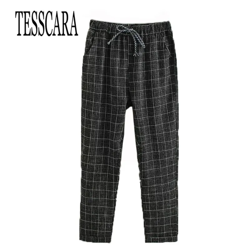 Tesscara kvinnor plaid casual byxor s god kvalitet kvinnliga mode bottnar byxor vår sommar harem byxa plus storlek s-3xl 211115