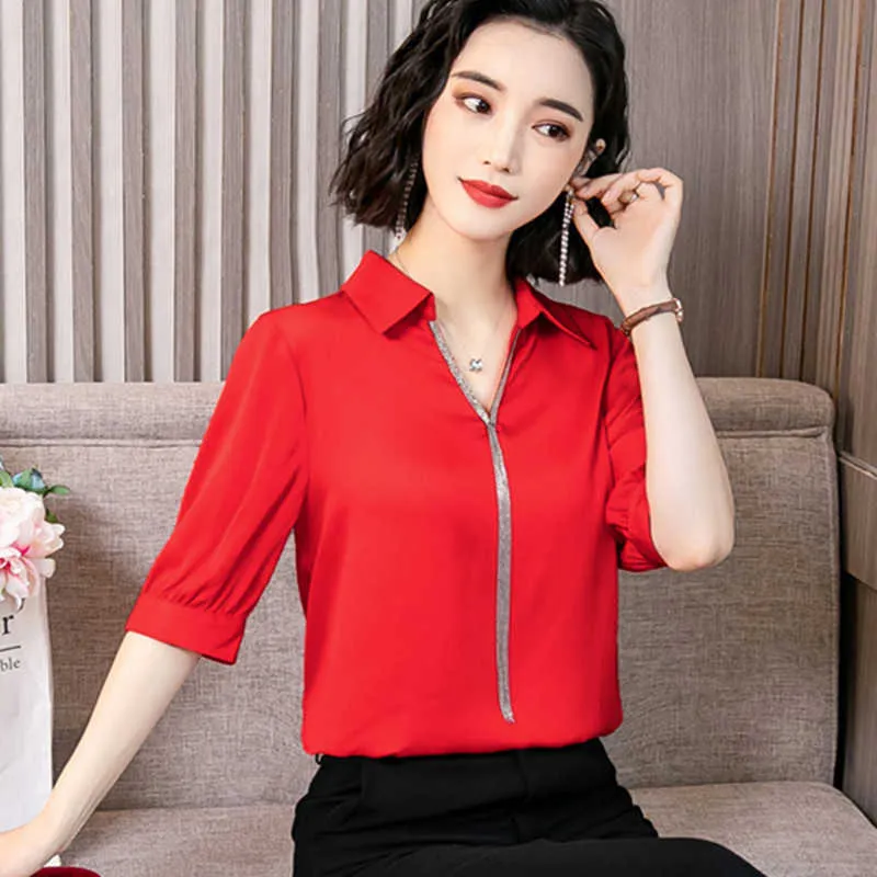 Koreanische Chiffon Shirts Frauen Solide V-ausschnitt Blusen Top Plus Größe Blusas Mujer De Moda Elegante Frau Quaste Tops 210531