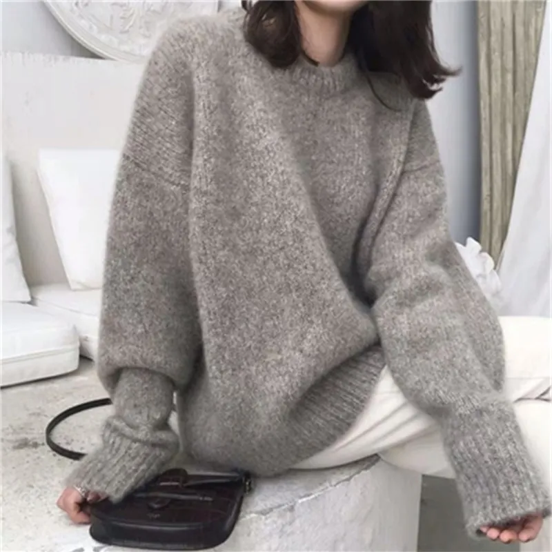Han Gray Sweater Kvinnors Höst och Vinter Retro Style Western Loose Inner Pullover Stickad Topp Yttre Slitage 211215