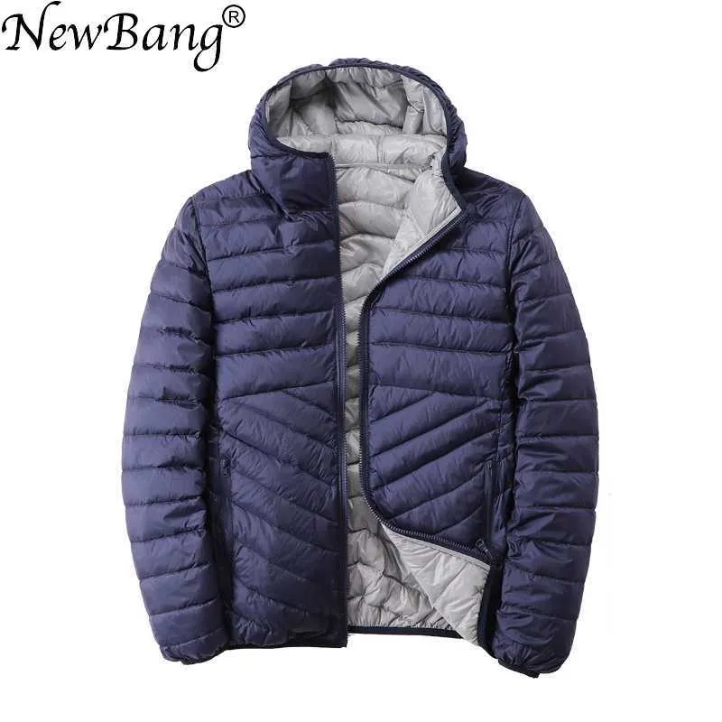 Bang masculino para baixo jaqueta com baiacu encapuçado reversível ultra iluminação para baixo jaqueta menino outono inverno duplo lado penas parka 211015