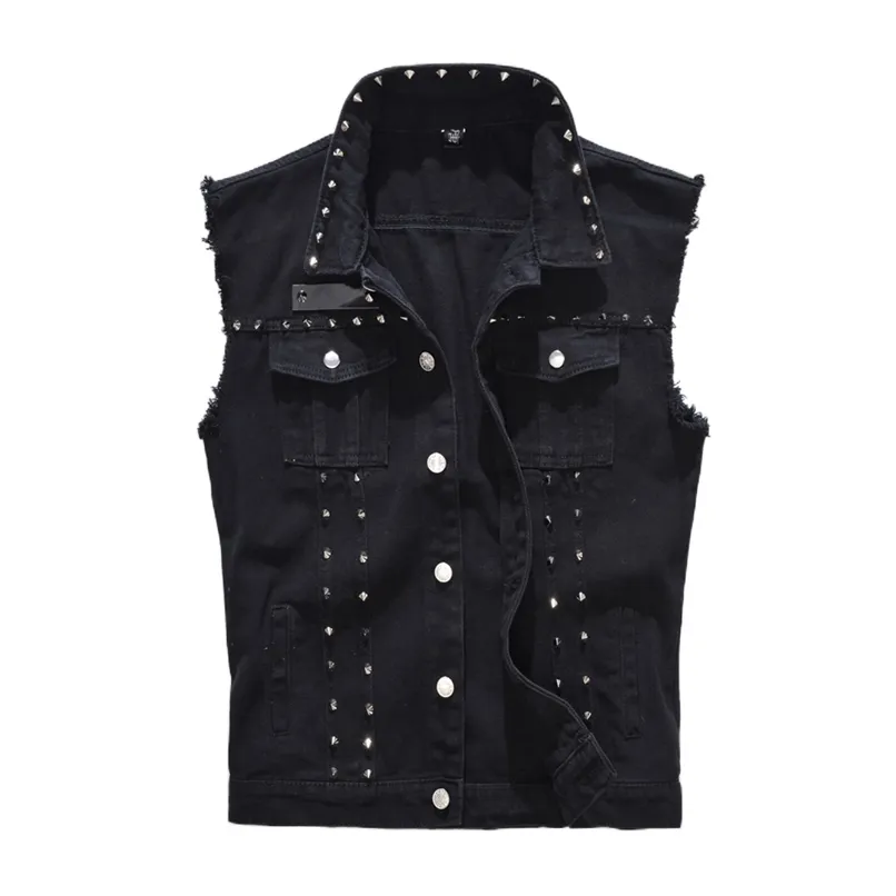 Denim Vest Men Punk Rock Rivet Cowboy Black Jeans Waistcoat Fashion Motorcycle Style Sleeveless Jacket M-5XL 210923