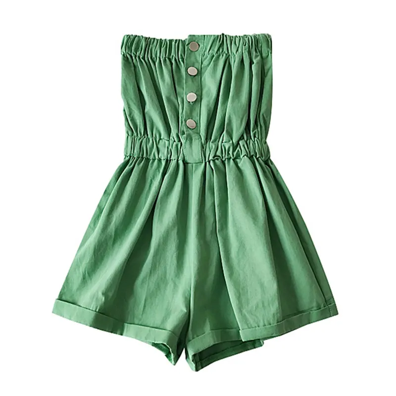 Dames Strapless Mouwloze Knop Elastische Taille Wide Been Jumpsuit Shorts Green Black Coral Sexy Playsuits J0101 210514