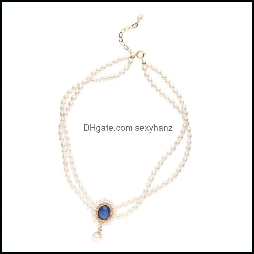 Korean version elegant dign double layer blue necklace neck chain temperament fashion exquisite pearl clavicle chain jewelry female