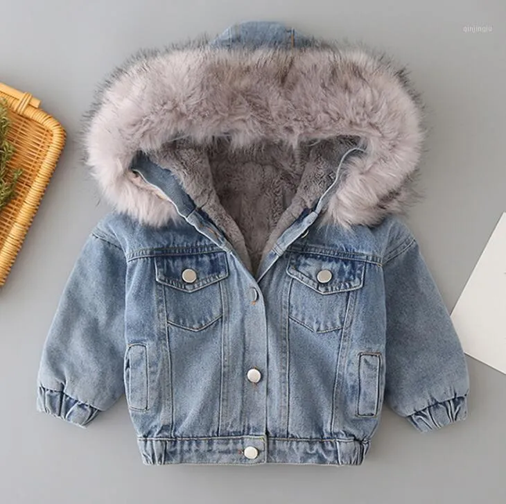 Jackets Winter Fashion Children's Plush Denim Jacket Coat Baby Short Large Hair Collar For Boys And Girls