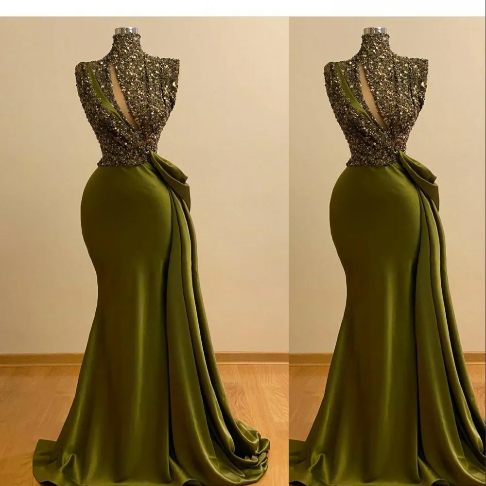2021 Sexy Hunter Green Abendkleider High Hals Schlüsselloch Pailletten Lace Sleeveless Mermaid Pailletten Sweep Zug Plus Size Long Party Prom Kleider