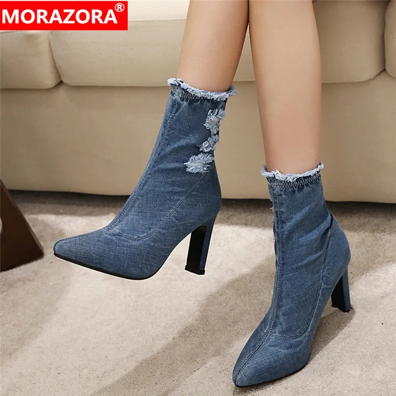 MORAZORA Big size 33-43 fashion women boots high heels pointed toe cowboy ladies shoes autumn winter ankle boots 210506