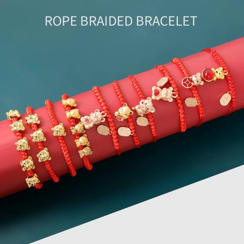 Charme pulseiras mascote cinco fortunas tigre dourado pulseira de corda vermelha 2022 ano chinês trazer riqueza sorte boa bênção274t