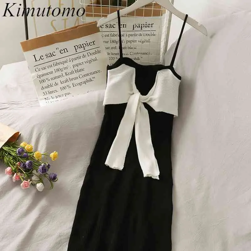 Kimutomo Primavera Vestidos de Verão As Mulheres Bow Link up sem mangas slim cintura esparguete spaghetti strap tritura vestido de mujer 210521