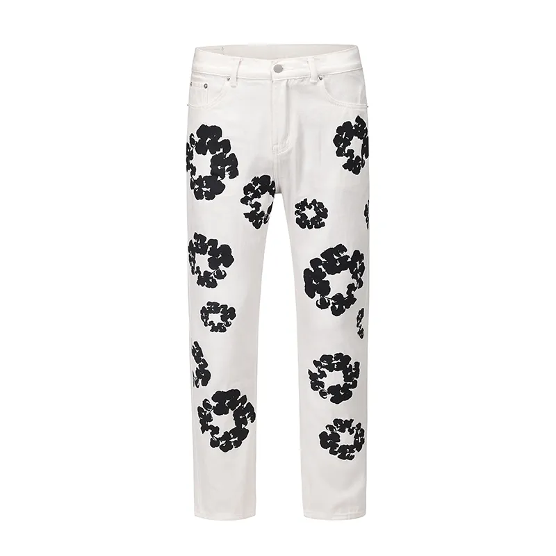 Flower Full Print Jeans Pants Oversized Streetwear Straight Casual Men And Women Denim Trousers 903