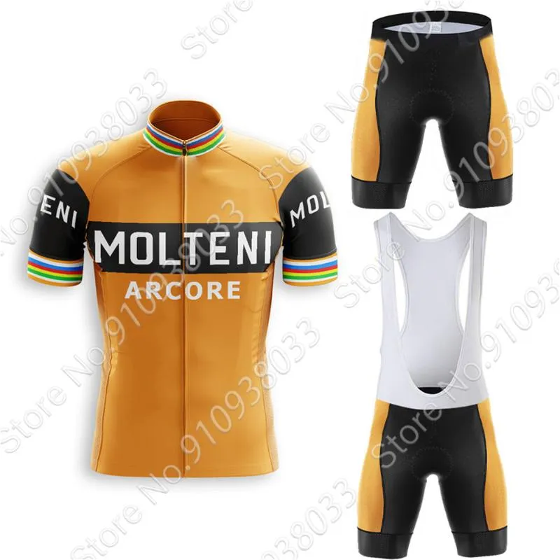 Conjuntos de carreras Molteni Retro Ciclismo Jersey Men Summer Transpirable Manga corta Ropa MTB Deportes al aire libre Ropa clásica Traje