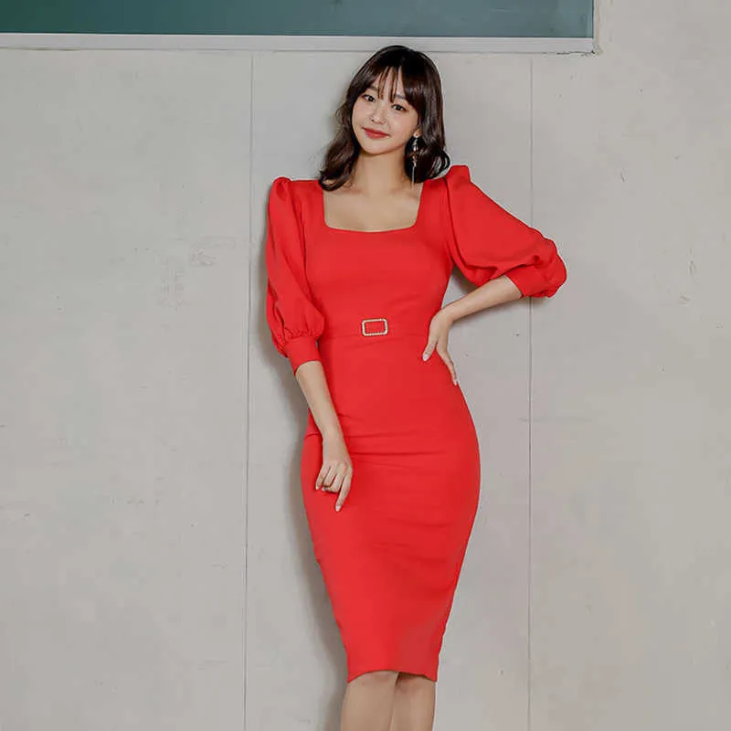 Elegante partij vrouwen jurk slanke vierkante hals bodycon potlood lente casual office lady effen rood bladerdeeg mouw vestido 210529