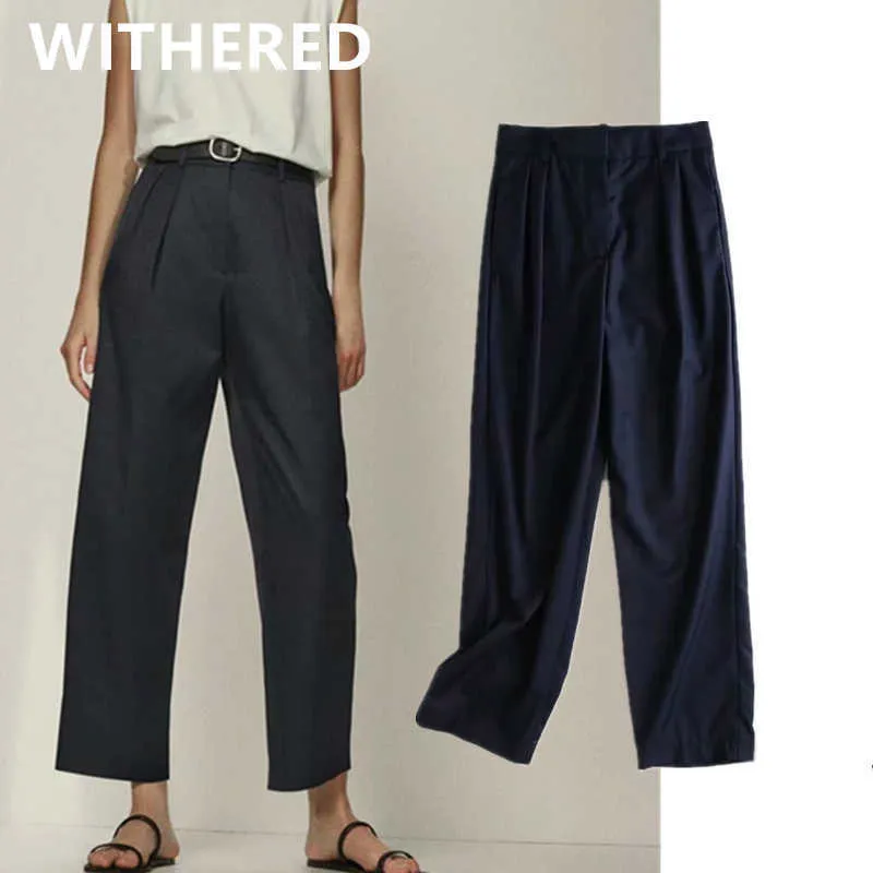 Withered england simple fashion navy pleated casual ankle suit pants women pantalones mujer pantalon femme trousers women sets Y0625
