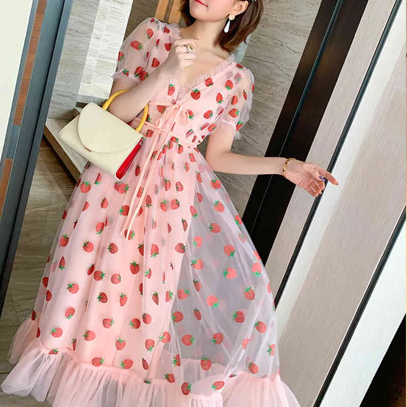Runway Rhinestone Diamonds Strawberry Pink Mesh Maxi Dress Women Short Puff Sleeve Sexy V-neck Lace-up Bow Tunic Lolita Dress (11)