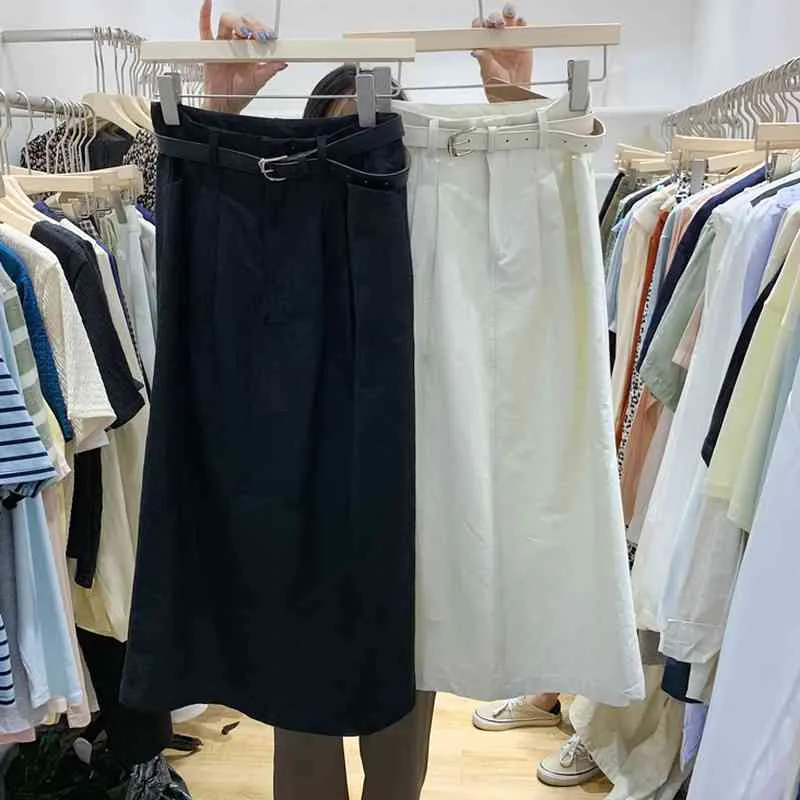 Простые карманы дизайн черная юбка женщин корейский мода весна прямые фалды мохеру тонкий средняя длина белый юп дамы 210514