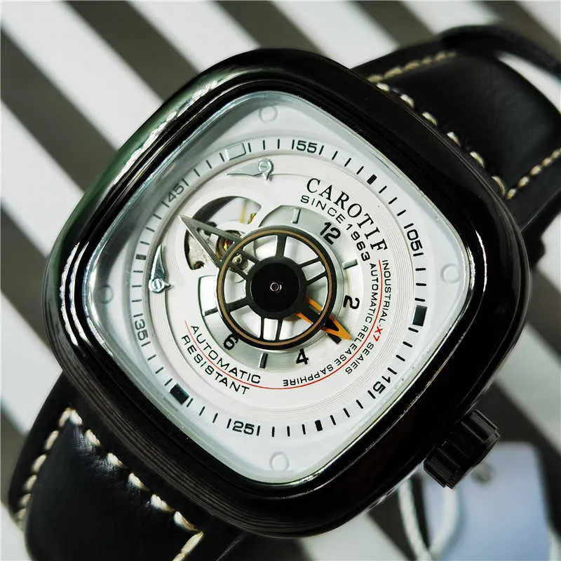 Carotif 2020 Luxury Brand Mechanical Watches Skelett Mode Trend Square Watch För Män Läder Mäns Klocka Relogio Masculino Q0902