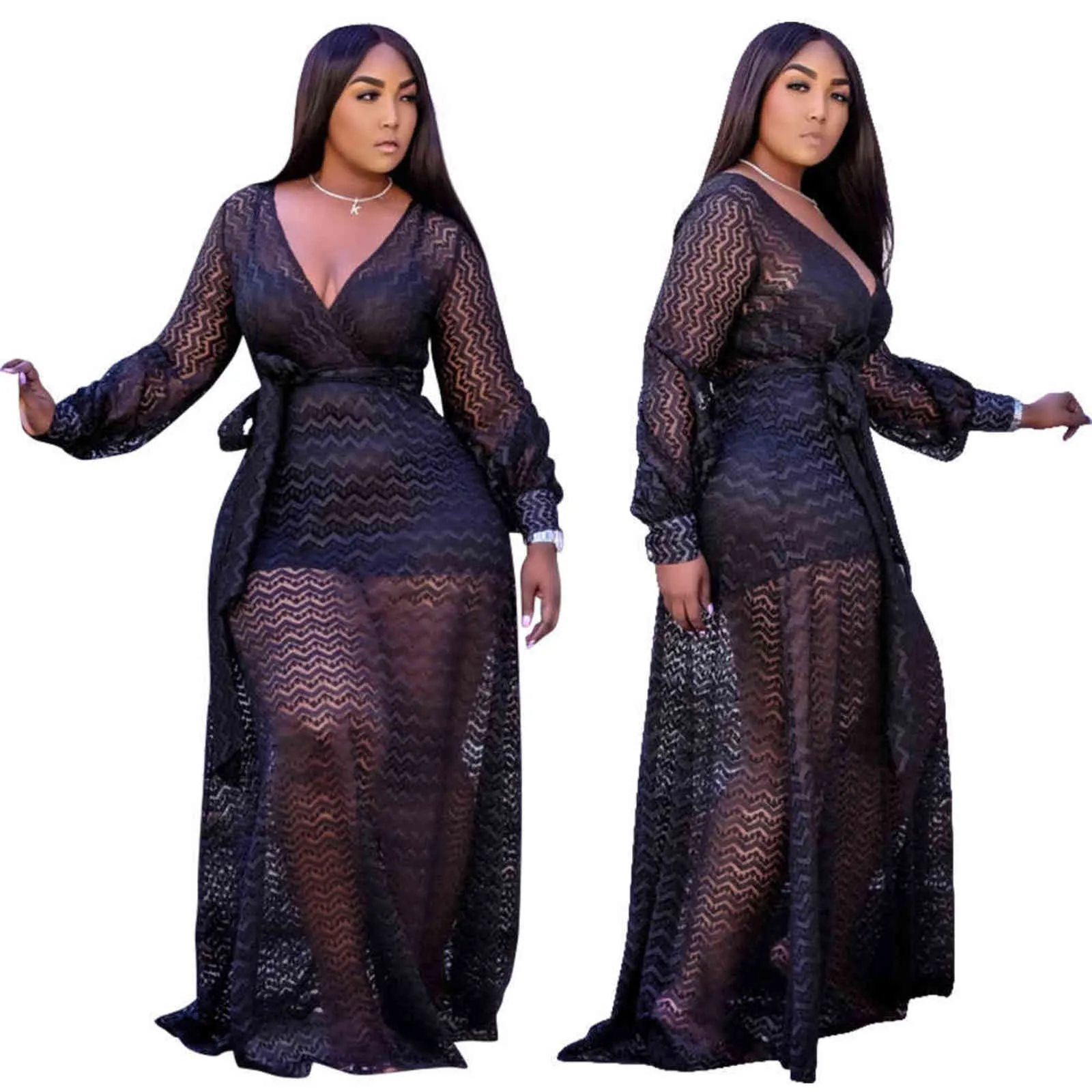 Plus Size Black Sexy Dress Sets Wholesale Fashion Streetwear Mesh Maxi Robes Femmes Party Birthday Club Outfits Drop 211116