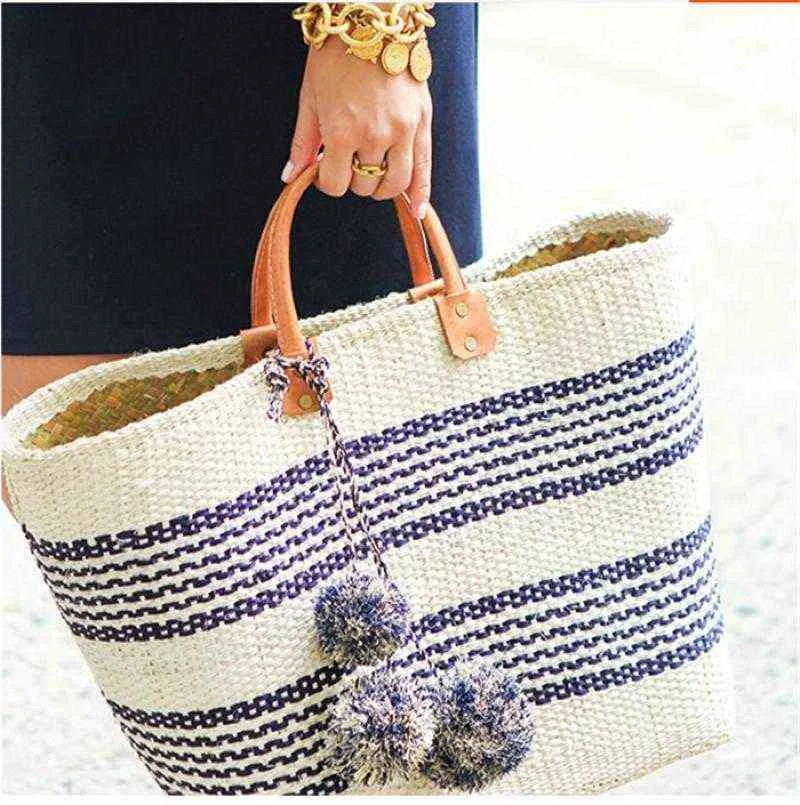 Boodschappentassen Bohemia Stro Weven Grote Tote Dames Gestreepte Pompom Handtas Holiday Beach Bag Dames Zomer Mode Topgreep Portemonnees Ins 220301